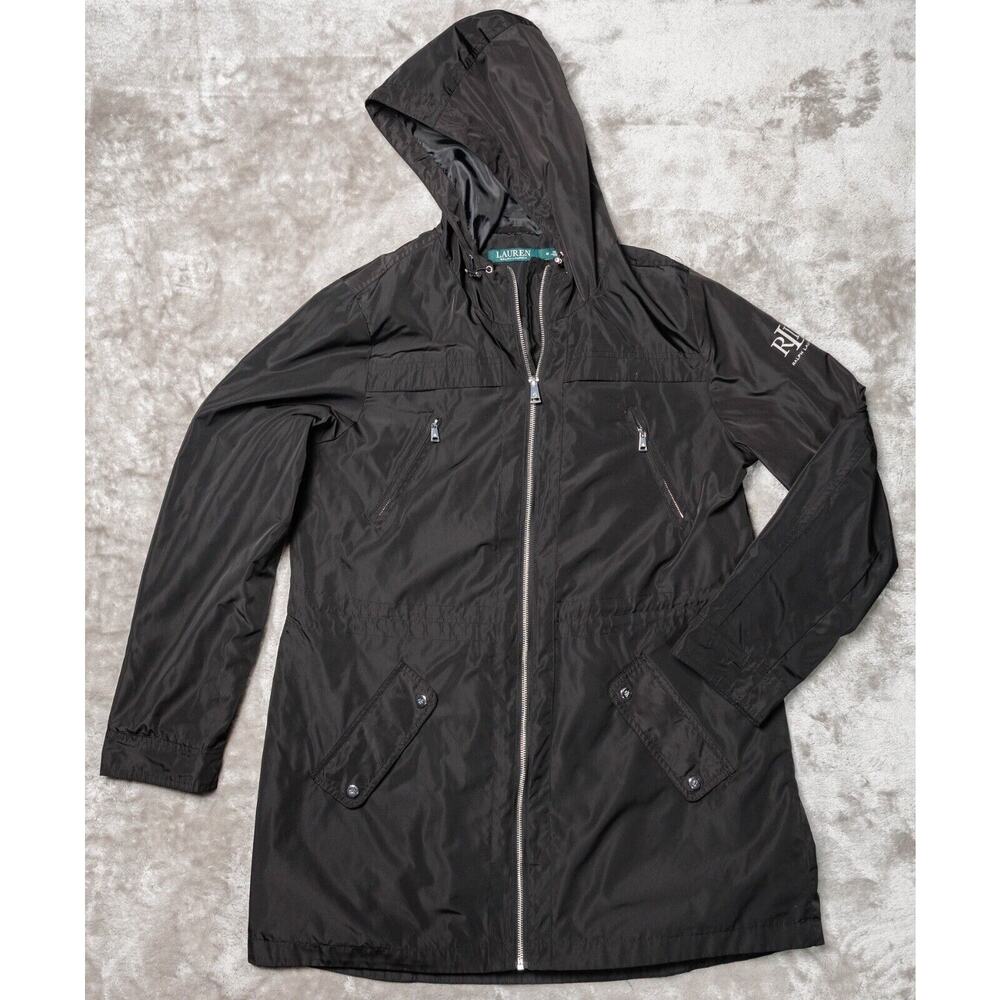 Ralph Lauren Black Silver Windbreaker Light Jacket Hoodie Womens Size M